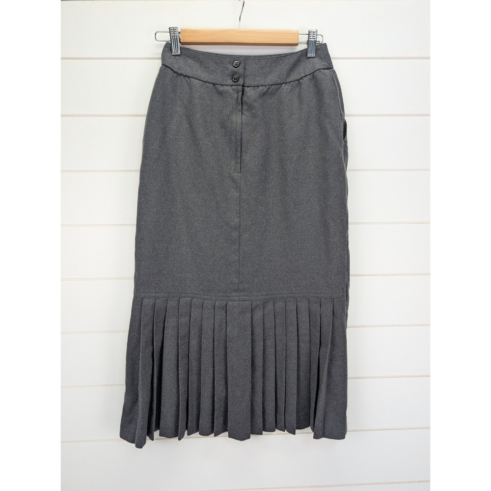Vintage Harvé Benard Wool Skirt Women Size 6 Gray Ruffle Midi Academia Librarian